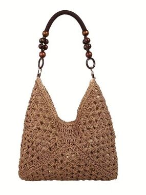 Handwoven Crochet Shoulder Bag with Beaded Handle - Brown